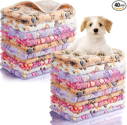 Chumia 40 Pcs Dog Blankets Soft Fluffy Fleece Washable Puppy Sleep Blankets Small Mat for Pets Throw Warm Bed Mat for Dog Puppy Cat (Pink,White,Brown,Purple,Paw)