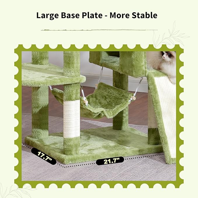 Gitelsnour Cat Tree for Indoor Cats, 71'' (180cm) Multi-Level Cat Tower for Large Adult, Sturdy Cat Tree House with 2 Scratching Boards 7 Posts, 2 Plush Perches/Condos, Hammock, Green GCT032GR