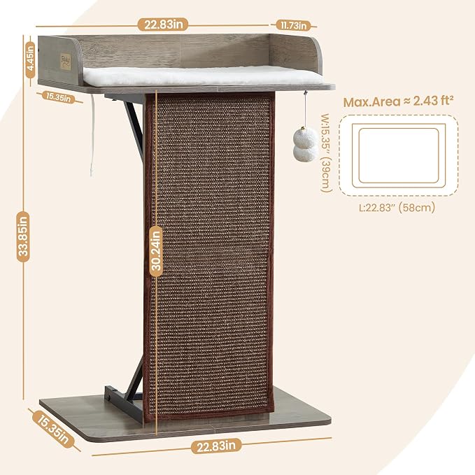Modern Wood Cat Tree Tower for Indoor Large Cats, 33.8-Inch Tall Wooden Cat Trees with Big Perch Bed, Cat Scratching Pads, Washable Removable Cushions Scratching Mat, Cat Furniture, Greigy