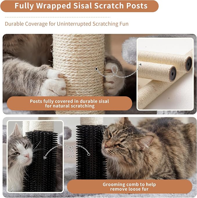 Heybly Cat Scratching Post, Small Cat Tree Tower with 3 Full Sisal Posts, Removable Plush Bed, Grooming Brush, Stable & Space-Saving Cat Furniture with Gentle Step for Indoor Cats, Light Gray HSP001SW