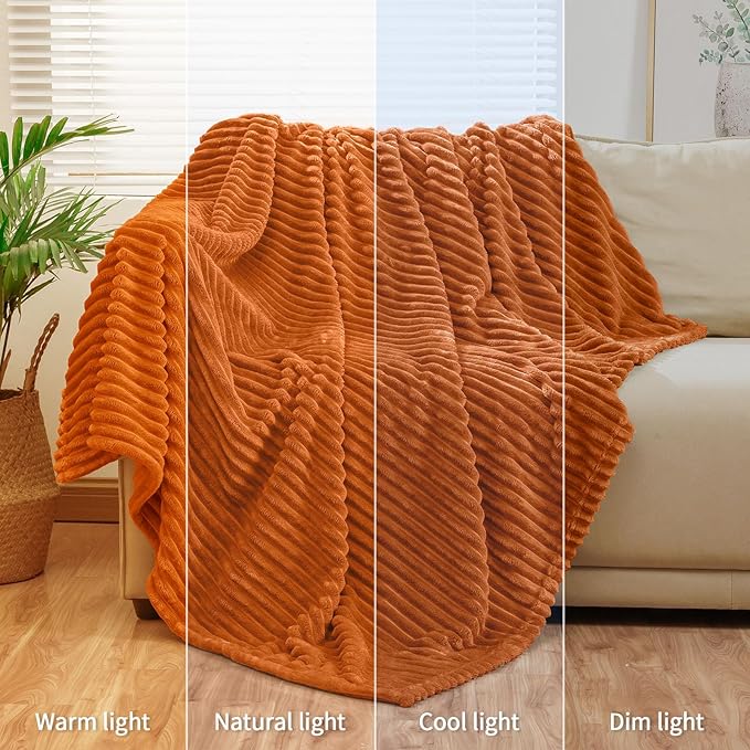 Bnuitland Orange Fleece Throw Blanket 90"x108",300GSM Large Big Soft Cozy Warm Lightweight Stripe Pattern for Bed Sofa Home Decor,Suitable for Adults Family All Season
