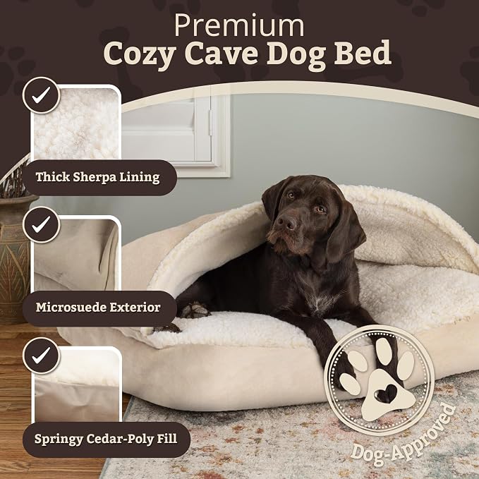 Snoozer Rectangle Cozy Cave Dog Bed - Indoor Dog Bed with Cover Cave, Covered Calming Burrow for Medium & Large Sized Pets with Blanket Attached, Enclosed, Washable Cover - Large, Buckskin