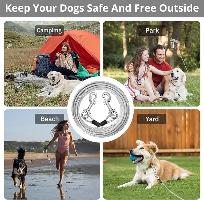 jenico Dog Tie Out Cable: 10ft Dog Leads for Yard Heavy Duty - Reflective Chain Leash for Outside Small Large Dogs Up to 125lbs Outdoor Runner Camping
