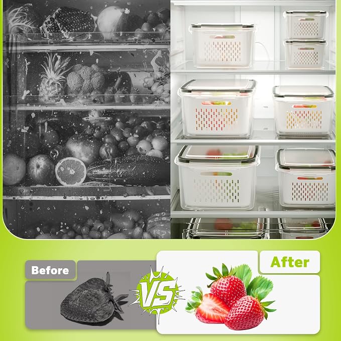 HOMETALL 6 PCS Fruit Storage Containers for Fridge with 6 Removable Colanders, BPA Free Produce Containers for refrigerator, Dishwasher & Microwave Safe Food Containers Keep Fruit, Salad, Berry, Fresh