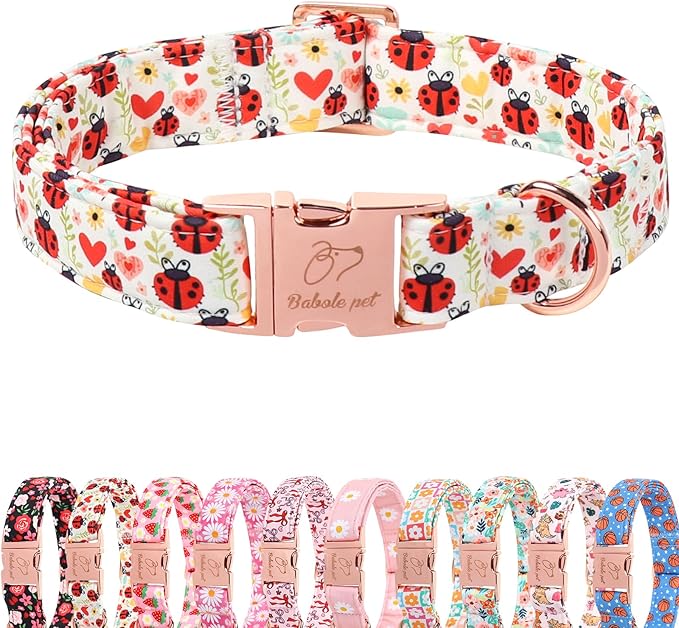 Cute Dog Collar for Large Dogs - Red Ladybug & Blooms Dog Collars, Adjustable Heavy Duty Pet Collar for Dog Moms & Kids with Metal Buckle XL