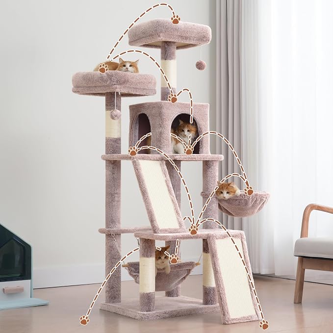 Gitelsnour Multi-Level Cat Tree for Indoor Cats, Cat Tower with 2 Scratching Boards, 2 Plush Padding Platforms, Cat Condo House with Hammock, Basket, Muchroom GCT022MU
