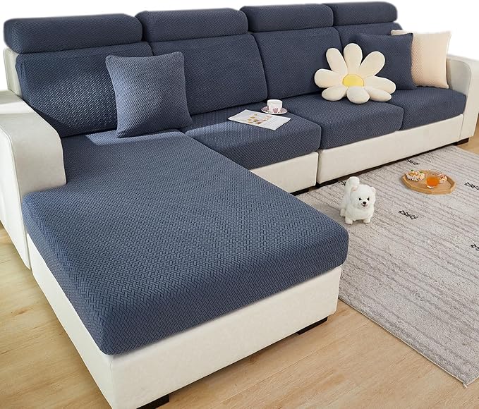 Yoovat Couch Cushion Covers for Sofa Couch Covers Wear-Resistant Universal Sofa Cover Washable Stretch for Sectional Slipcovers (Texture-Gray Blue,Back Cover L)