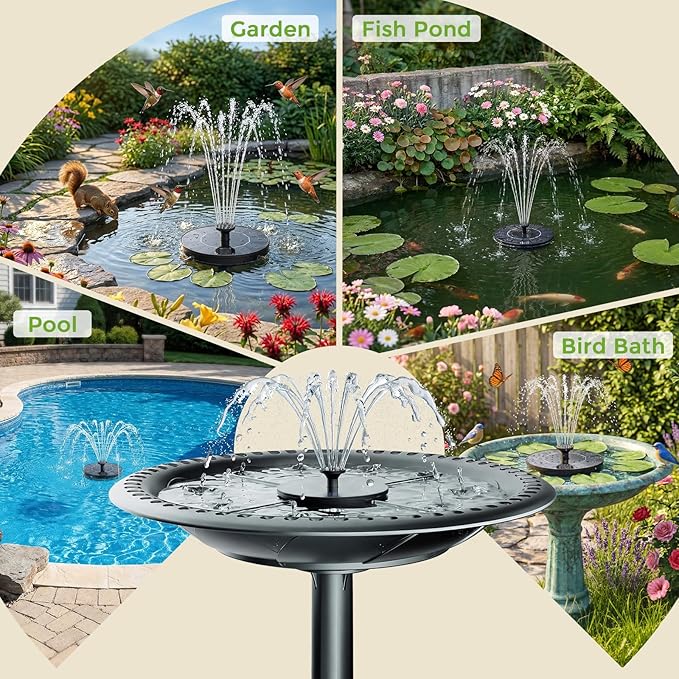AMZtime Solar Fountain, 2026 Upgraded Solar Water Fountains with 6 Nozzles, Free Standing Floating Solar Powered Water Fountain Pump for Bird Bath, Garden, Pool, Pond and Outdoor