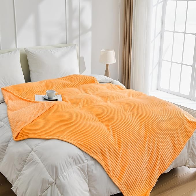 Bnuitland Fleece Throw Blanket for Couch, 300GSM Soft Warm Cozy Fluffy Throw for Adults & Kids, Stripe Pattern, All Season Sofa Bed Blanket for Home Decor, Light Orange 50"x60"