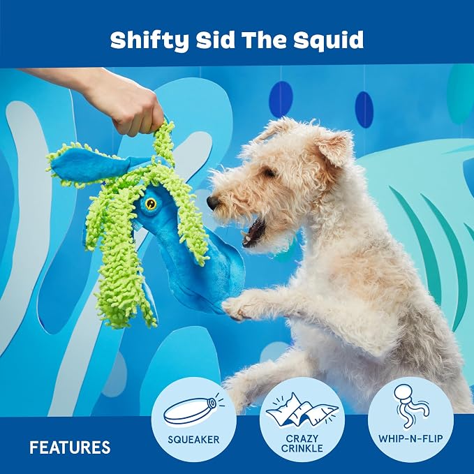 Barkbox Shifty Sid the Squid Dog Toy – Plush Squeaky Toy with Crazy Crinkle & Whip-N-Flip Legs – Interactive Thrash & Play Toy for Dogs
