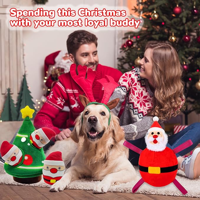 lilfrd Christmas Dog Toys, 4 Pack Santa Xmas Tree Hide Seek Squeaky Toy | Lovely Christmas seasonal treat, suitable for small and medium breeds