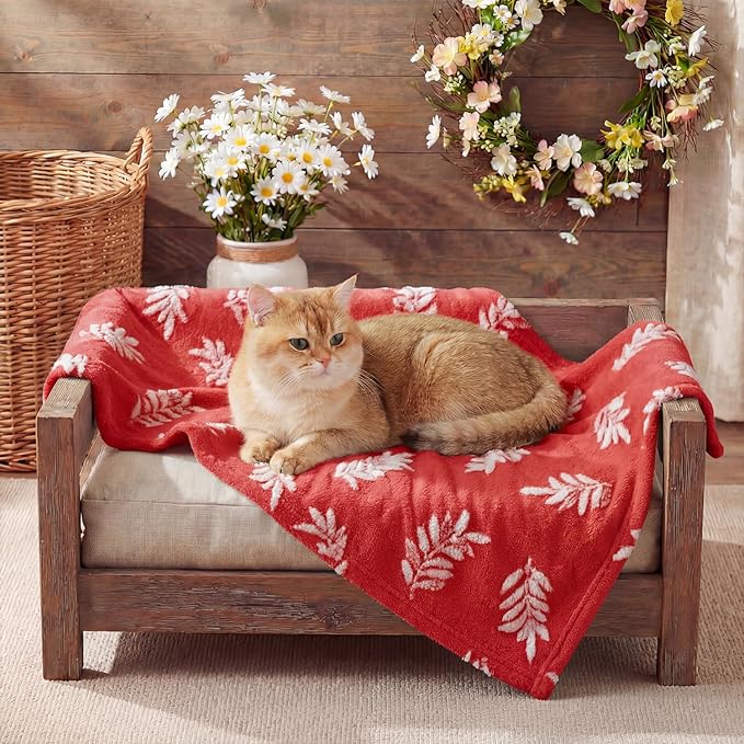 Horaldaily Pets Flannel Blanket, Red Leaves 3D Textured Soft Fuzzy Fluffy Plush Cozy Fleece Premium Blankets for Dog Cat Puppy Kitten Couch Protection, 30x40