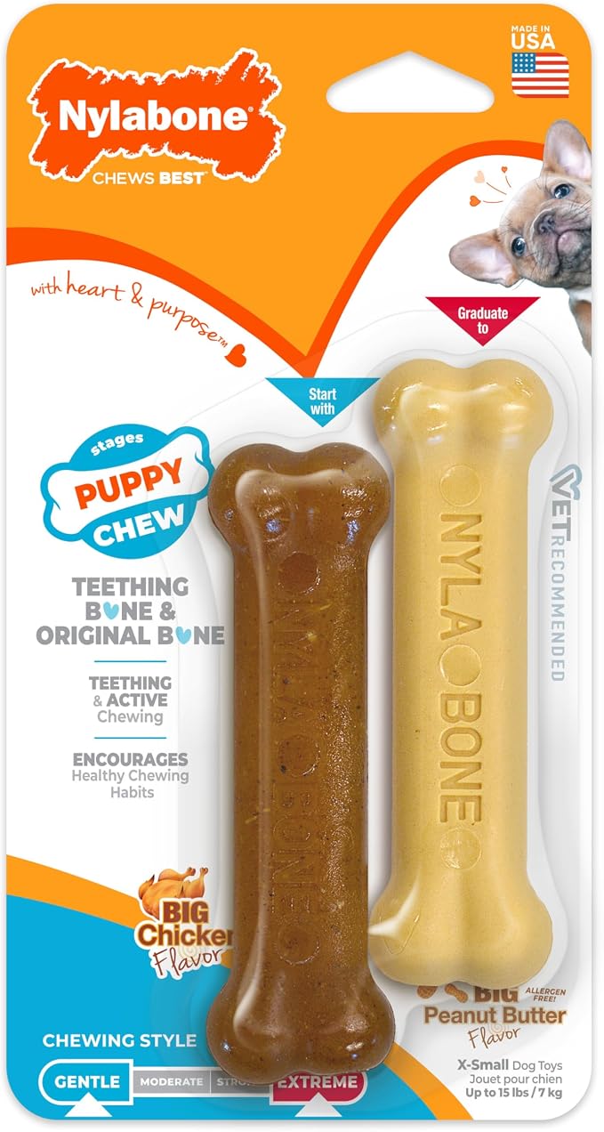 Nylabone New Puppy Power Chew Stages, Soothing Puppy Teething Toys, Chew Bones for Puppies, Long Lasting Peanut Butter & Chicken Flavor, For X-Small Dogs - Up to 15 lbs., 2 Pack