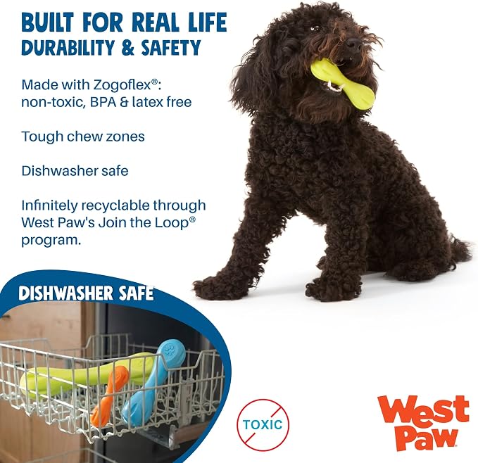 WEST PAW Zogoflex Hurley Dog Bone Chew Toy – Floatable Pet Toys for Aggressive Chewers, Catch, Fetch – Bright-Colored Bones for Dogs – Recyclable, Dishwasher-Safe, Non-Toxic, Small, Aqua