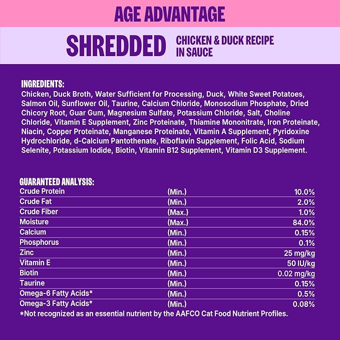 Wellness Appetizing Entrées Age Advantage Shredded Senior Wet Cat Food, Natural, Protein Rich, Grain Free, Chicken and Duck Recipe, 1.4 oz, Pack of 8 Pouches