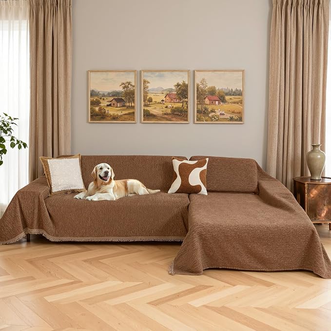 MYSKY HOME Sectional Slipcover Furniture Protector, Couch Cover for Sectional Sofa — 2 Pieces Sofa Cover for L Shape Sofa for Pet, Kid, Blanket for 2-3 Cushion Couch (71"x102"+71"x118", Camel)