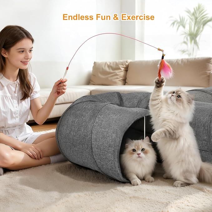 Ownpets Cat Tunnel 12 Inches in Diameter Larger Pet Tunnel Tube with Plush Ball & Feather Toy, U-Shaped Cat Play Tunnel for Big Cat, Puppy and Rabbits