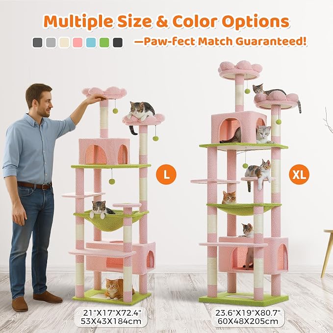 PAWZ Road Flower Cat Tree, 72 Inches Large Cat Tower with Steel Frame Hammock and 7 Scratching Posts, Tall Cat Tree with 2 Condos and Perches for Large Indoor Cats - Pink