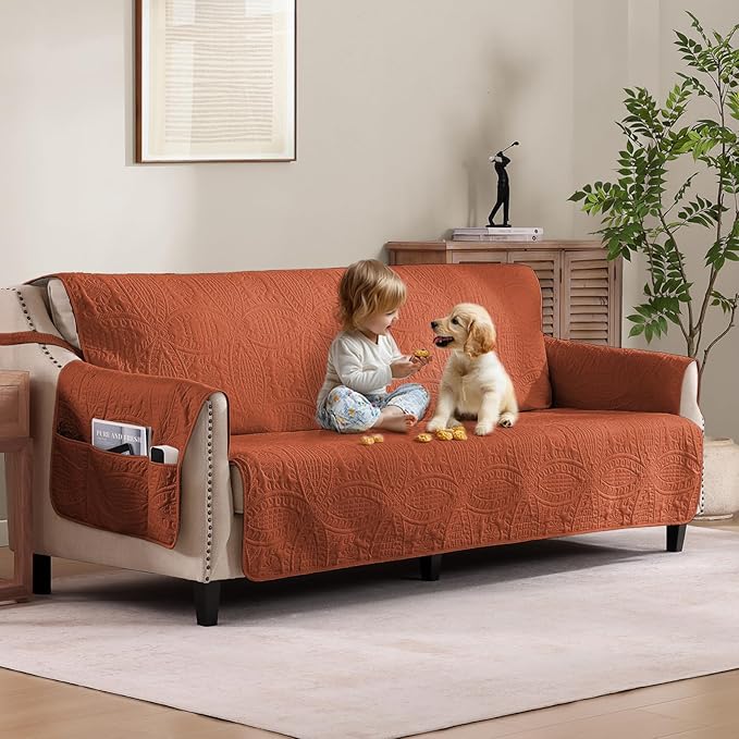 Soft Quilted Couch Cover with Pockets for Extra-Large Sofa, Anti-Slip Sofa Covers Washable for 3 Cushion Pet Friendly, Oversized Sofa Cover Water-Repellent (X-Large Sofa 78", Burnt Orange)