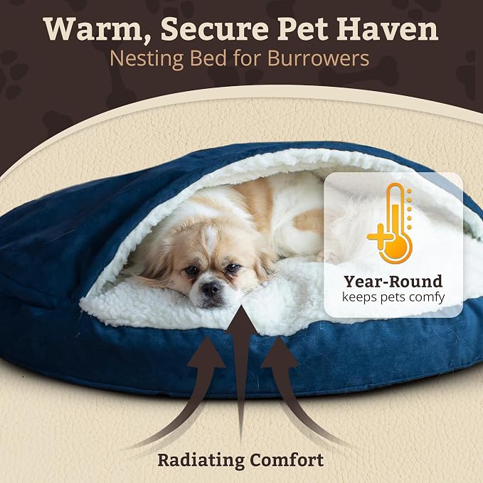 Snoozer Cozy Cave Dog Bed - Indoor Dog Bed with Cover Cave, Covered Calming Burrow for Small & Medium Sized Pets with Blanket Attached, Enclosed, Removable Washable Cover - Large, Sapphire