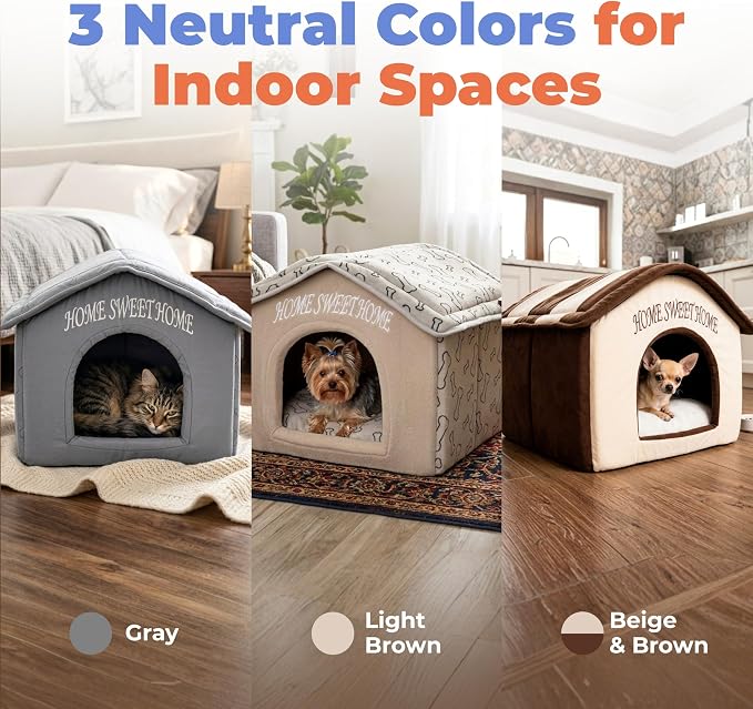 Best Pet Supplies Cat Bed for Indoor Cat, Domed Tent House with Removable Pillow, Covered Cat Cave for Small Dog, Puppies and All Breeds of Cats - Light Brown w/ Bones, 16 x 16 x H:14"