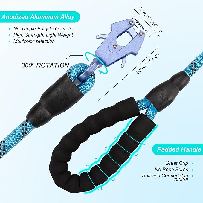 GEIT 2/4/5/6FT Dog Leash, Heavy Duty Rope Leashes, Reflective Nylon Pet Lead with Aluminum Quick Release/Locking Tactical Frog Clip for Small Medium and Large Dogs, Blue, 1/2 inch
