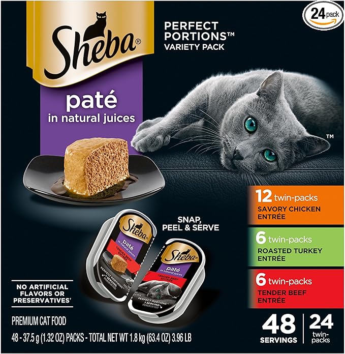 SHEBA Perfect Portions Paté Wet Cat Food Trays (24 Count, 48 Servings), Savory Chicken, Roasted Turkey, and Tender Beef Entrée, Easy Peel Twin-Pack Trays