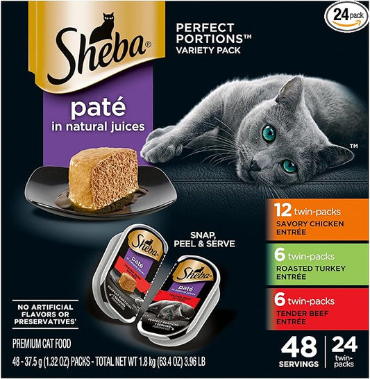 SHEBA Perfect Portions Paté Wet Cat Food Trays (24 Count, 48 Servings), Savory Chicken, Roasted Turkey, and Tender Beef Entrée, Easy Peel Twin-Pack Trays