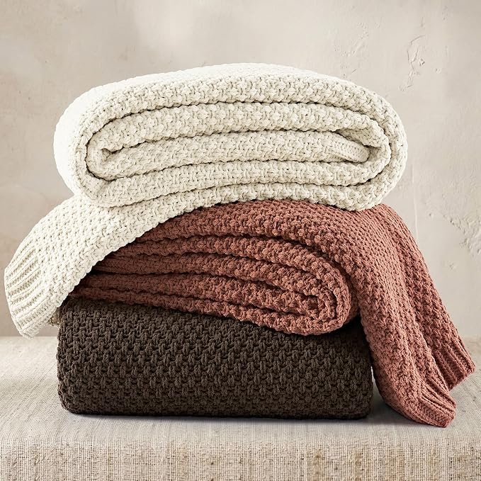 EVERGRACEHOME Chunky Chenille Knit Throw Blanket for Couch, Soft Luxurious Oversized Queen Moss Stitch Blanket for Bed, Cozy Farmhouse Knitted Throw for Sofa, Terracotta Clay, 90" x 90"