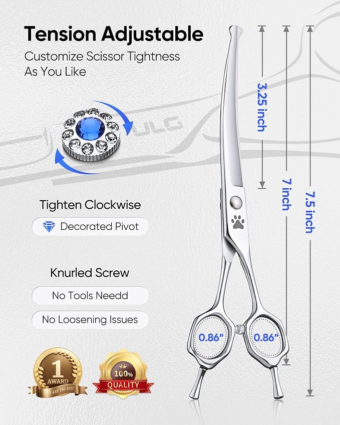 ULG Curved Dog Shears for Grooming, 7 Inch Professional Curved Dog Grooming Scissors for Trimming and Cutting, Japanese Stainless Steel Pet Hair Scissors