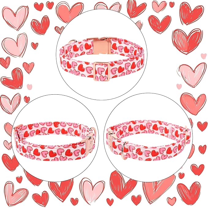 Valentines Dog Collar, Pink Heart Print Girl Dog Collars, Cute Valentine Puppy Collars, Adjustable Heavy Duty Pet Collar for Small Medium Large Dogs with Metal Buckle L