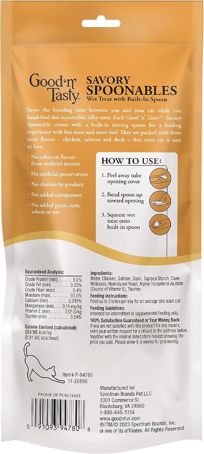 Good ‘n’ Tasty Savory Spoonables with Real Chicken, Salmon & Duck, 6 Count Tube, Triple Flavor Squeezable Lickable Wet Treats for Cats with Built-in Spoon for Less Mess