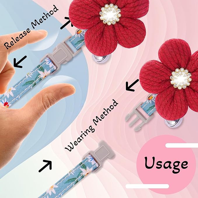 Small Dog Collar with Flower, Spring Dog Collar for Girl Dog Collars for Small Dogs Cute Dog Collar with Bell, Adjustable Length