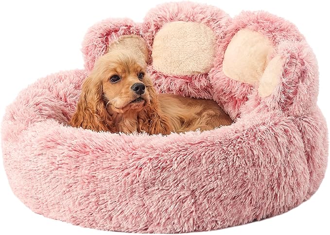 Jiupety Paw Shape Calming Pet Bed, Plush Faux Fur Donut Bed for Dogs & Cats, Machine Washable, Non-Slip Bottom, Large Size (26"×26"×8"), Pink