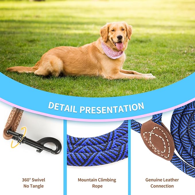 Mile High Life Short Leash for Large Dogs, Short Dog Rope Leash with Heavy Duty Metal Sturdy Clasp, Genuine Leather Tailored Connection(Blue, 18 Inch)