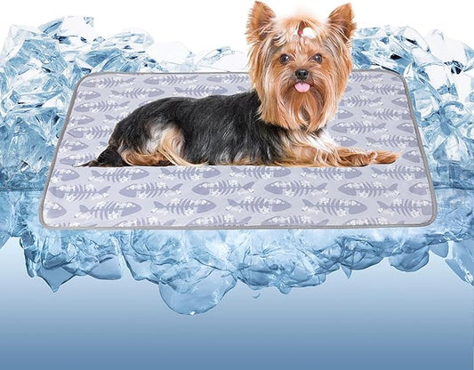 DELIFUR Cat Cooling Mat- Pet Cooling Mat Outdoor for Dogs Ice Pad for Kitten Cat Puppy Machine Washable (Medium, Grey Fishbone)