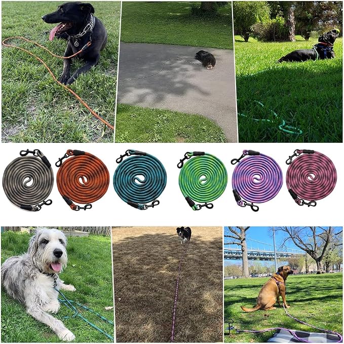BTINESFUL Tie-Out Check Cord Long Rope Dog Tether, 8ft 12ft 20ft 30ft 50ft 75ft Recall Training Dog Lead for Yard- Large Medium Dogs Outdoor Training, Playing, Camping, or Backyard (12ft, Beige Black)