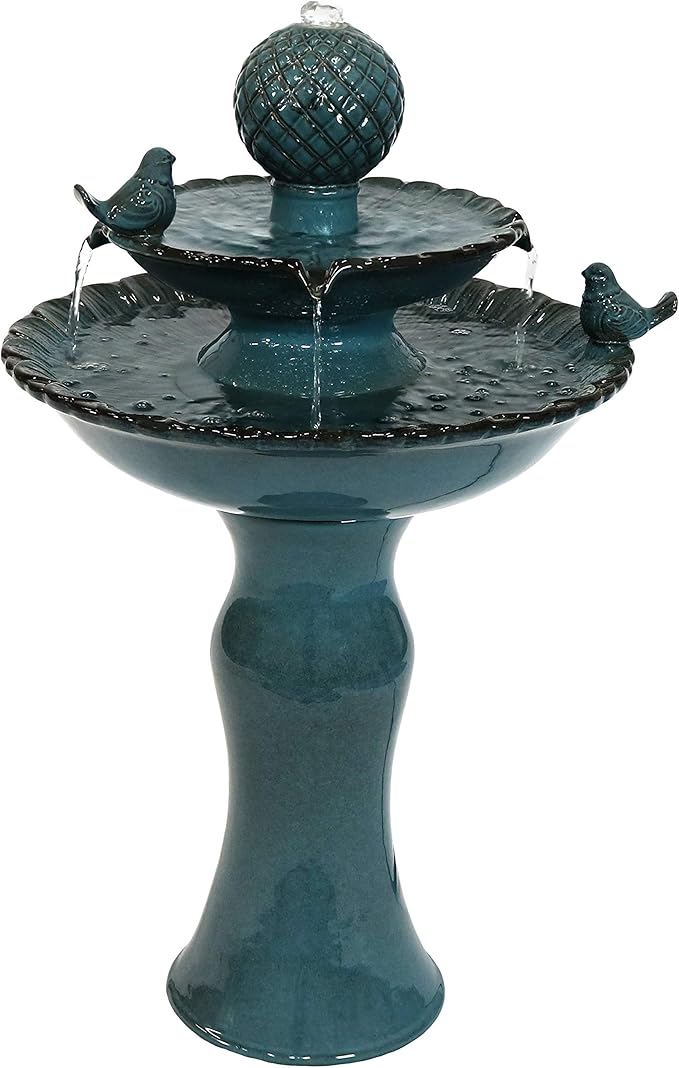 Sunnydaze 27" H 2-Tier Ceramic Water Fountain - Outdoor Water Feature for Patio, Yard, Balcony - Garden Fountain - Blue