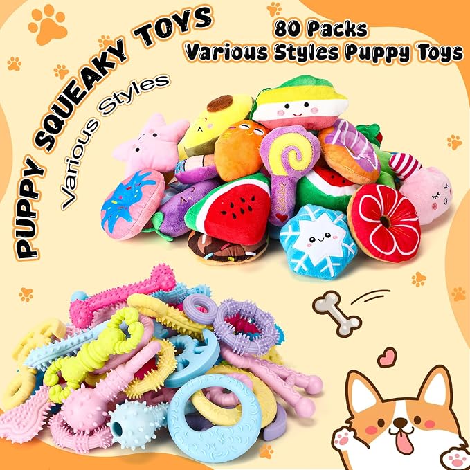 Hungdao 80 Pcs Dog Squeaky Toys Bulk for Small Dog Cute Plush Stuffed Puppy Chew Teething Toys Pet Bundle Easter Gift for Chewing Cleaning & Interactive Play(Vivid Style)