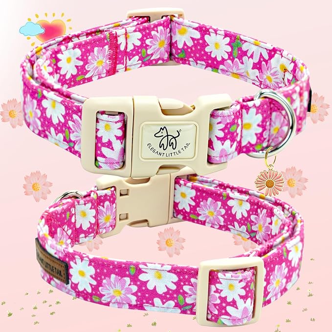 Elegant little tail Dog Collar, Pink Floral Print Pink Puppy Male Adjustable Cotton Pet Collar with Quick Release Buckle for Small Medium Large Dogs