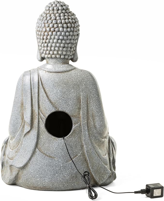 Glitzhome Buddha Outdoor Water Fountain with Lights and Pump, 28.25" H Zen Style Outdoor Fountain Concrete Meditating Buddha Statue Polyresin Garden Fountain Waterfall for Patio, Porch, or Yard Decor