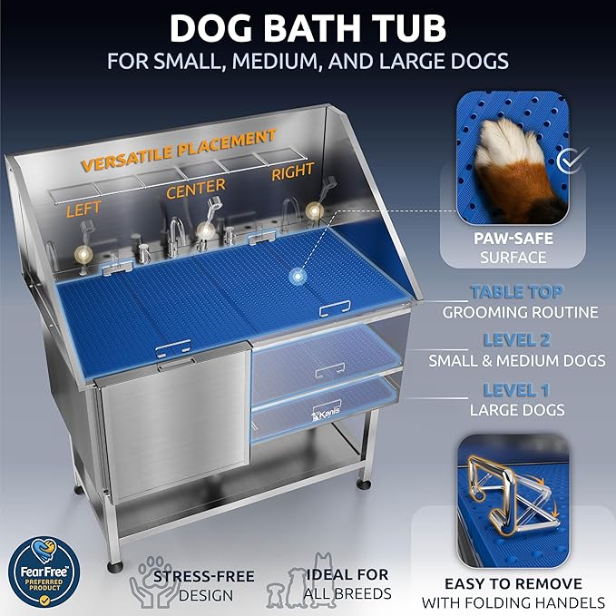 KANIS Professional Dog Washing Station 304 Stainless Steel Pet Wash Sink & Grooming Bathtub w/Shower, Floor Grates and Storage for Large, Medium & Small Pets (Silver, 50 Inches, Left Ramp, Shelf)