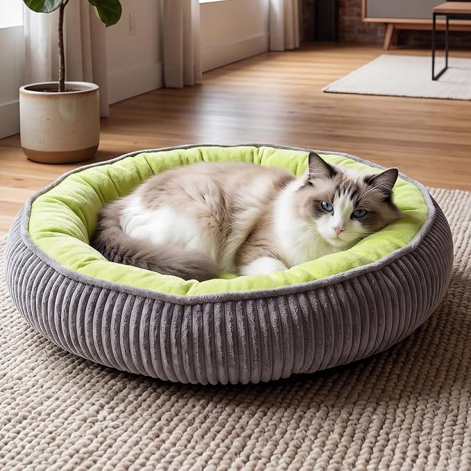 Calming Dog Bed for Small Dogs 18"x20" - Washable Donut Pet Bed with Anti-Slip Bottom, Soft Puppy Bed for Indoor Kittens and Cats with Removable Cover (Lime Green)