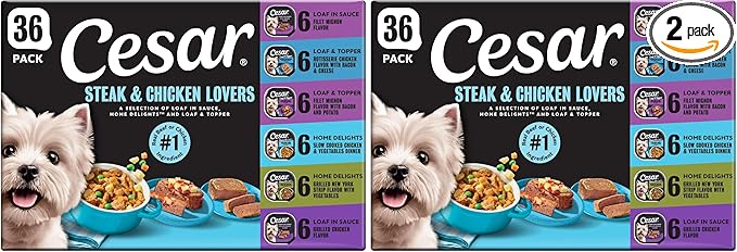 Cesar Wet Dog Food Steak and Chicken Lovers Variety Pack,Adult,Wet Food for Dogs with Real Beef or Chicken,3.5 oz Easy Peel Trays,36 Count (Pack of 2)