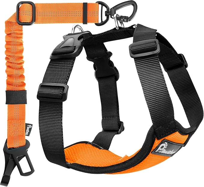 Pawaboo Dog Seat Belt Harness for Car, Dog Car Harness Seatbelt with Double Clips, Adjustable Breathable Pet Vest & Dogs Safety Tether with Elastic Bungee for Small Medium Large Pet, L, Orange/Black