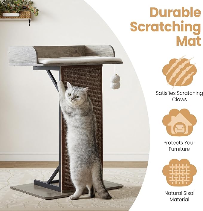 Modern Wood Cat Tree Tower for Indoor Large Cats, 33.8-Inch Tall Wooden Cat Trees with Big Perch Bed, Cat Scratching Pads, Washable Removable Cushions Scratching Mat, Cat Furniture, Greigy