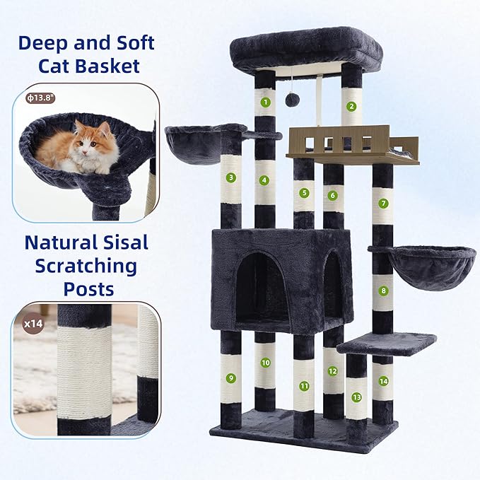 Gitelsnour Cat Tree for Indoor Cats Large Adult, Heavy Duty Cat Tree for Large Cats 20 lbs+, Cat Condo with Big Wooden Perch, Cat Tower with 14 Scratching Posts, Hammock, Smoky Gray GCT023G