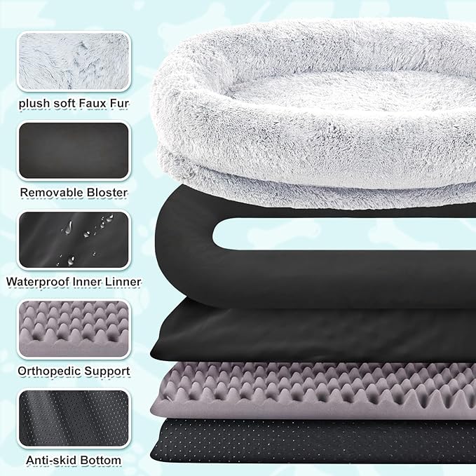 YAEM Human Dog Bed, 71"x45"x12" Calming Human Size Dog Bed for Adults, Washable Faux Fur Orthopedic Floor Beds, Waterproof Napping Pet Beds for People with Non-Slip Bottom, Grey