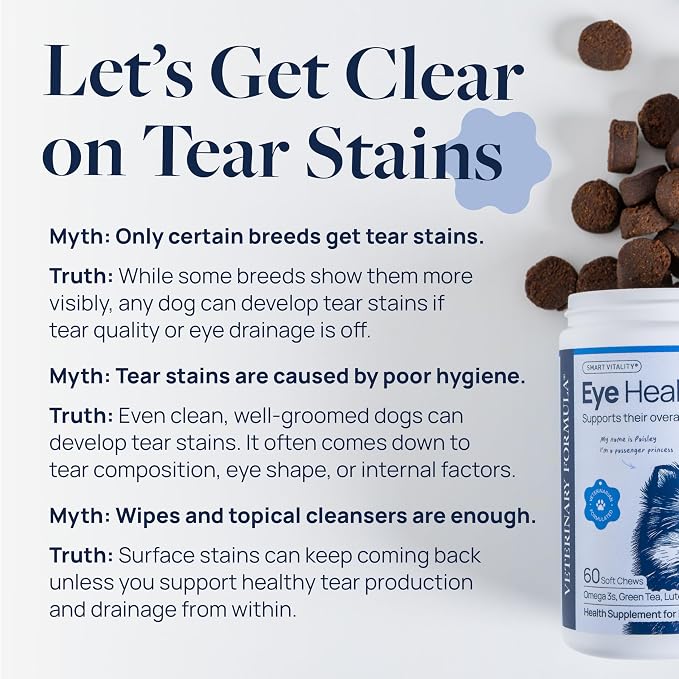 Veterinary Formula Eye Health Supplement for Dogs – Vet-Formulated Tear Stain Chews with Omega 3, Lutein & Cranberry – Smart Vitality Supports Eye Moisture, Stain Reduction & Immunity, 60 Soft Chews