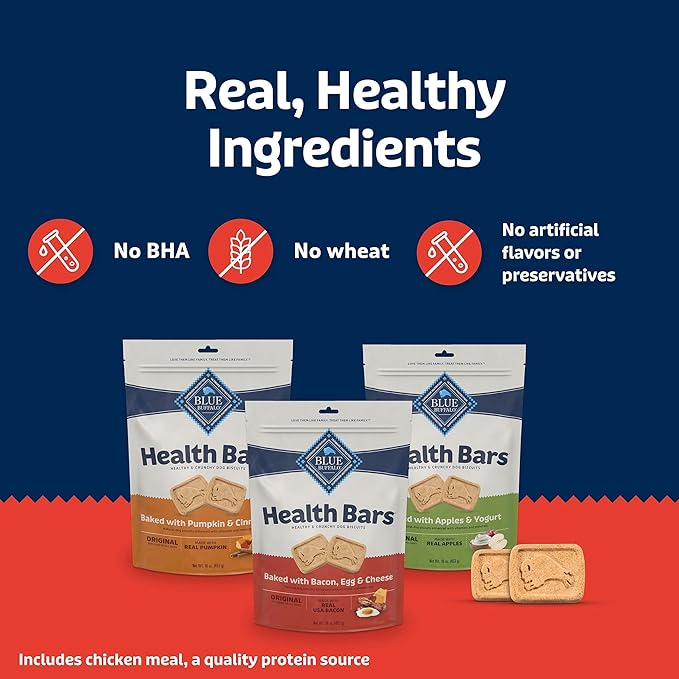 Blue Buffalo Health Bars Dog Biscuits Variety Pack (Bacon Egg Cheese, Apples & Yogurt, Pumpkin & Cinnamon) Healthy Dog Treats with No Artificial Flavors or Preservatives, 16 oz. Each (3 Bags)